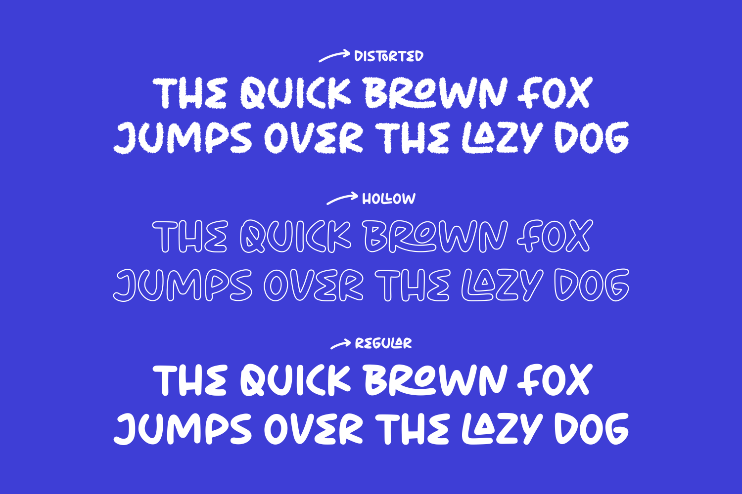 Distorted, hollow, regular font styles showing the same pangram text on bright blue background