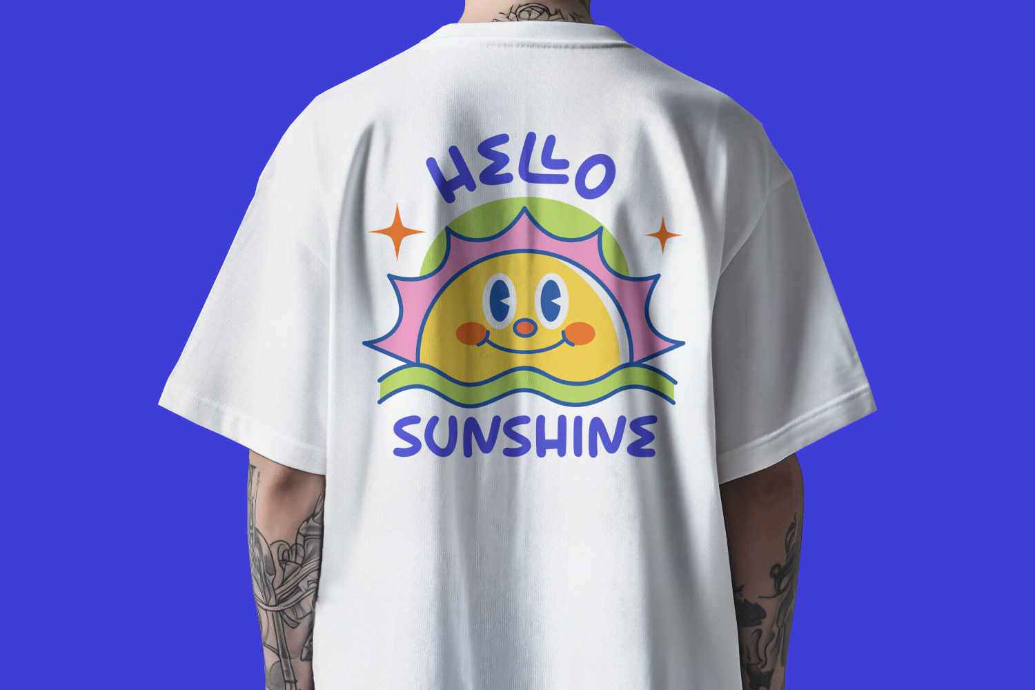 White tee mockup with cheerful sun character, "Hello Sunshine" text in blue, colorful design on bright blue background
