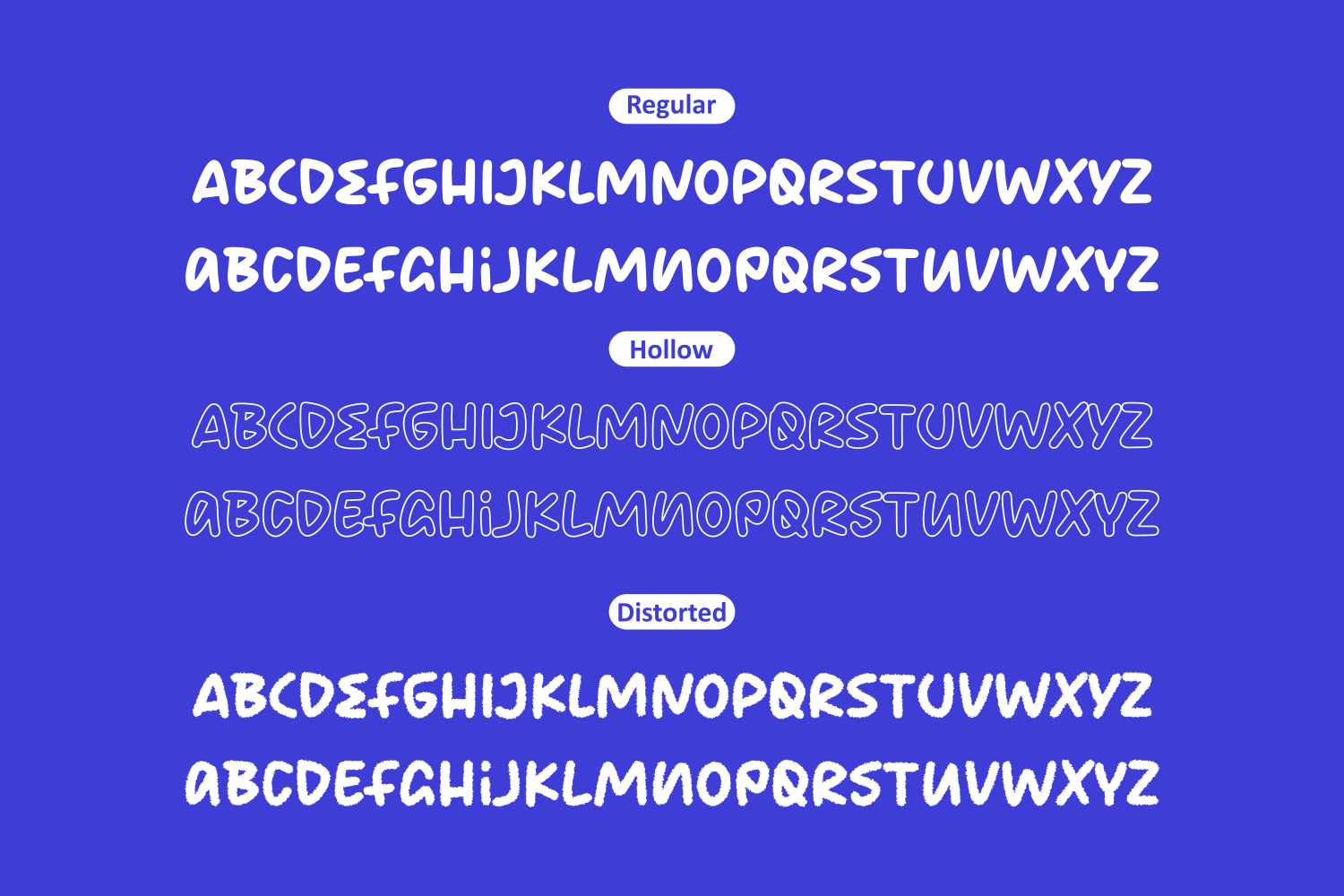 Bold display font showing regular, hollow, distorted styles on vibrant blue background