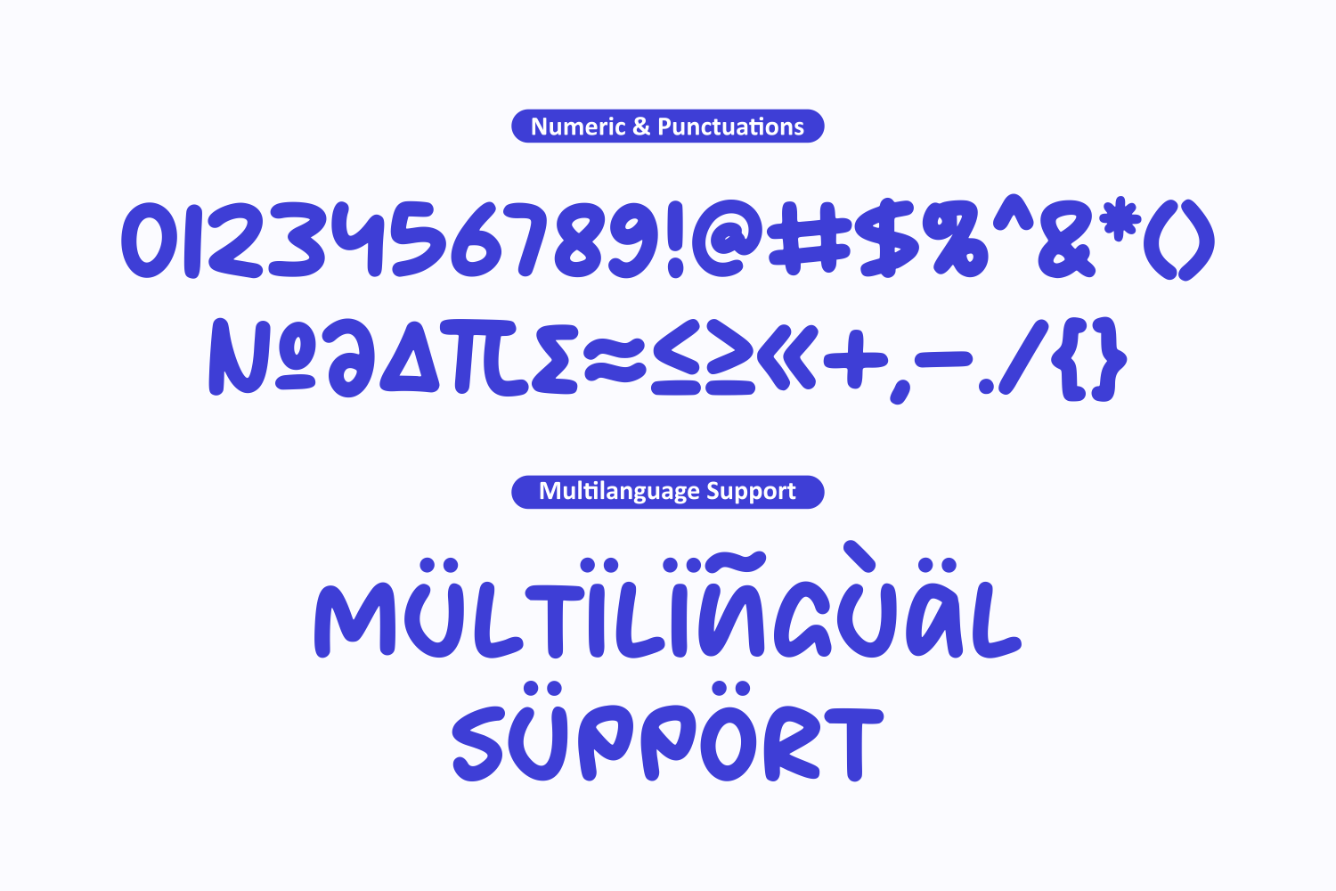 Bold blue font showing numbers, symbols, punctuation, plus multilingual characters