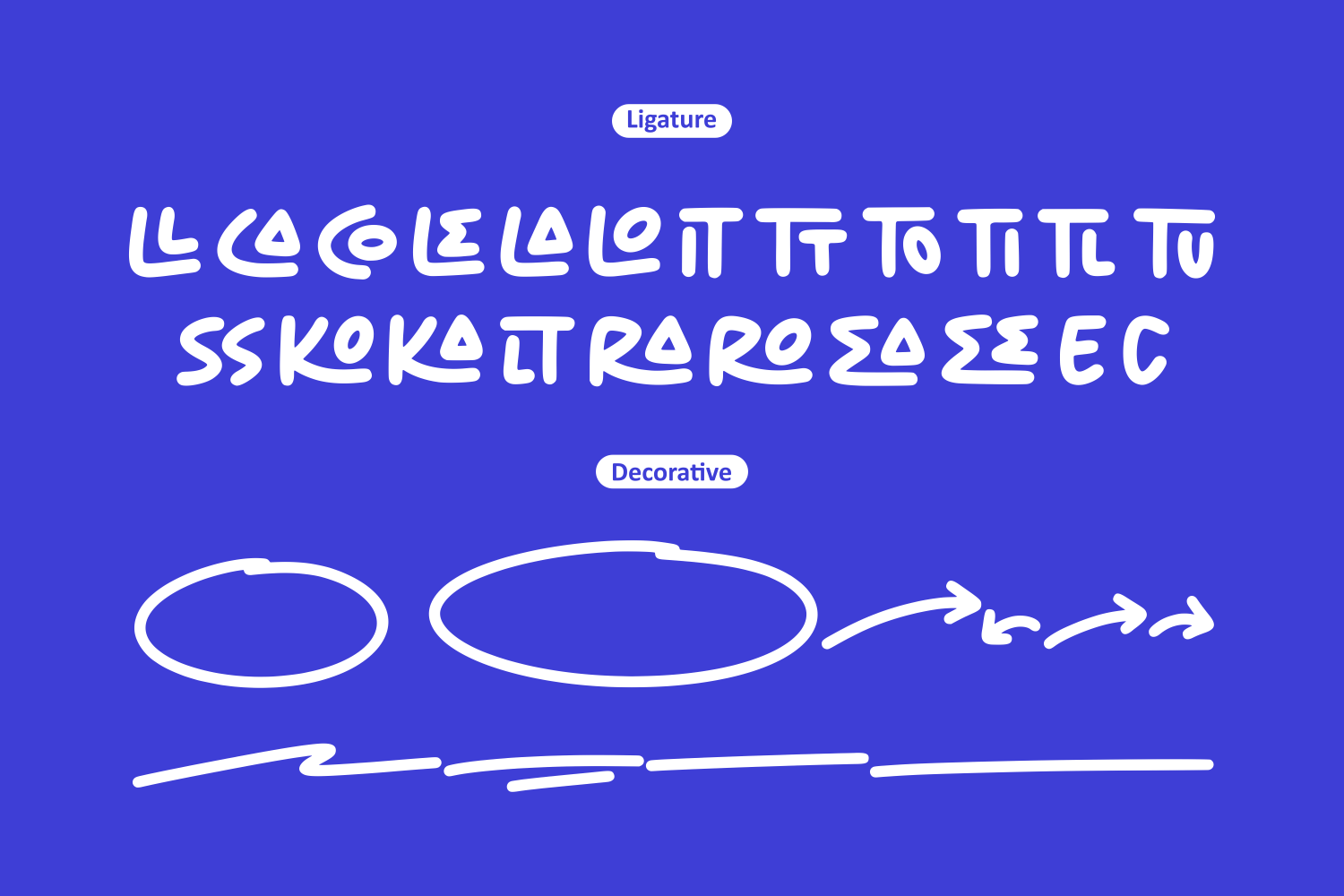 Ligature font sample showing playful handwritten letters with decorative underlines on bright blue background