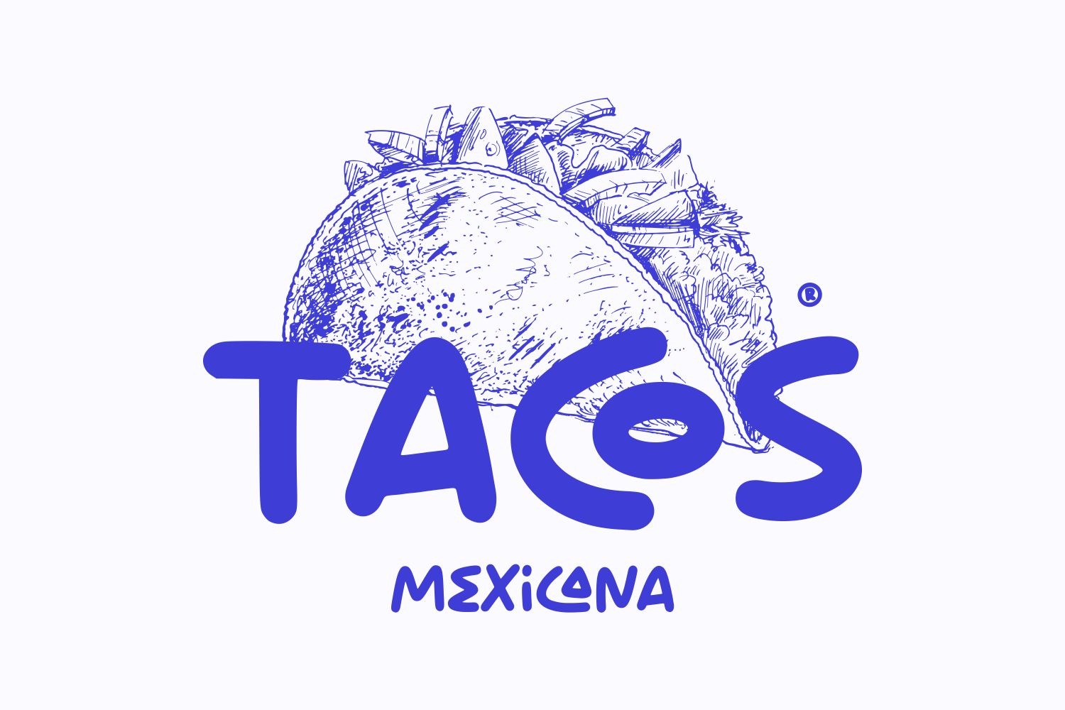 Tacos Mexicana logo with hand-drawn taco illustration in blue ink style