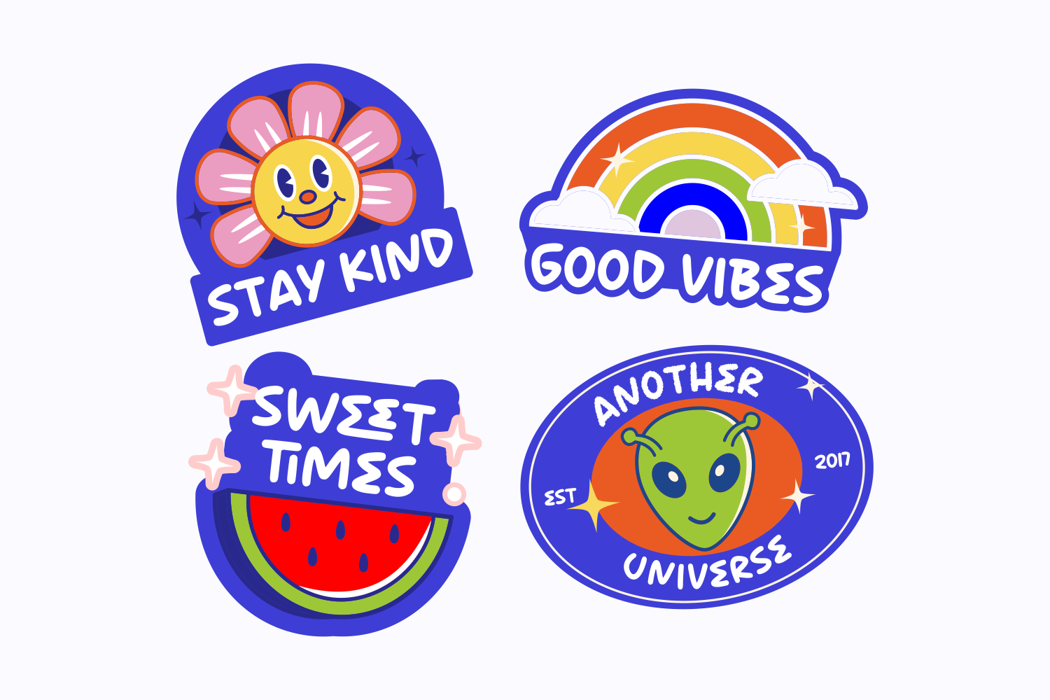 Retro sticker pack with smiley flower, rainbow, watermelon, plus alien badge designs