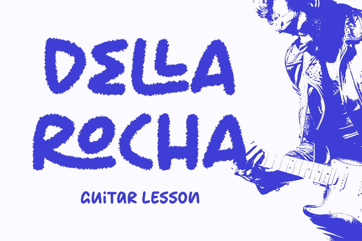 Rough textured blue lettering reading "DSILA RESHA" with guitar lesson text below, illustrated guitar sketch on right side