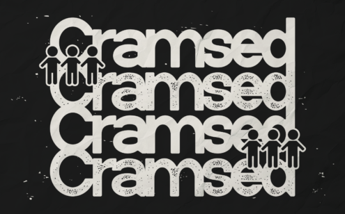 Stacked typography design with stick figures, textured letters on dark background, grungy vibe