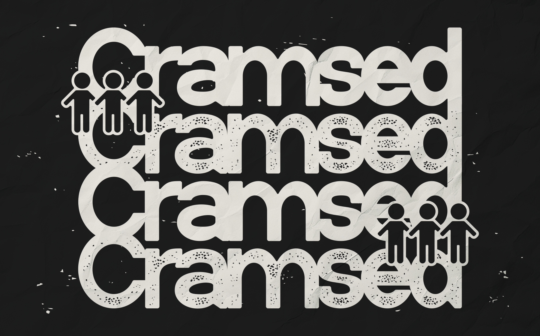 Stacked typography design with stick figures, textured letters on dark background, grungy vibe