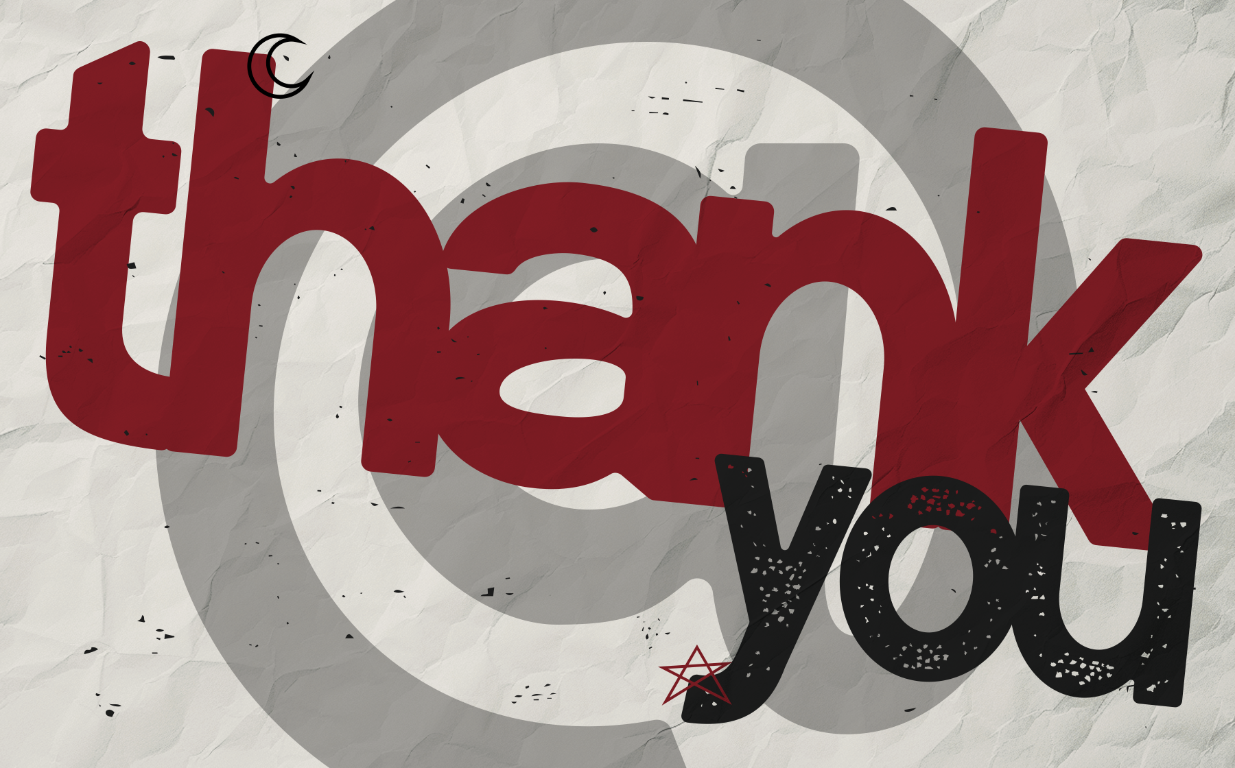 Bold red typography with distressed texture overlapping concentric circles on marble background, small star accent
