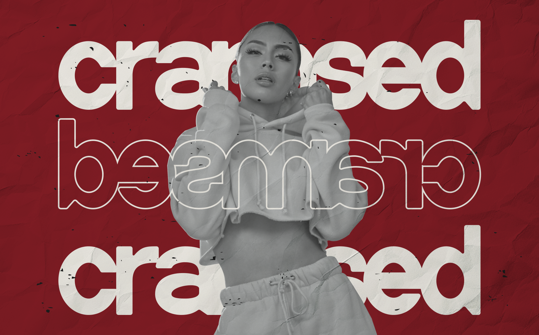Crushed dreaming poster mockup with bold neon outline typography over grayscale portrait on deep red background
