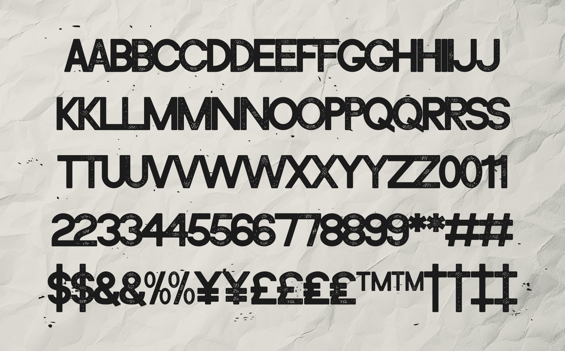Bold distressed typeface displaying full character set with letters, numbers, symbols, currency signs on marble texture background