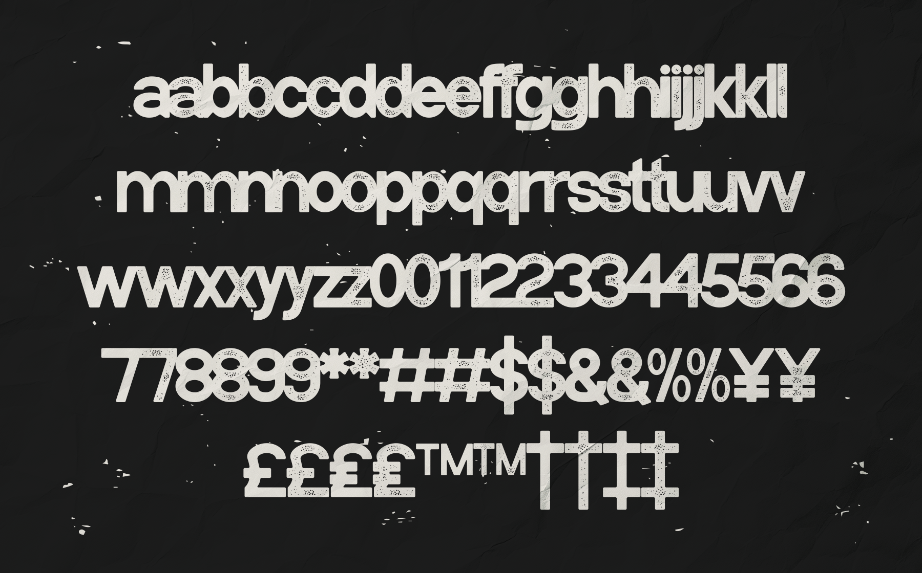 Distressed sans serif font showing full character set with numbers, symbols, currency signs on dark background