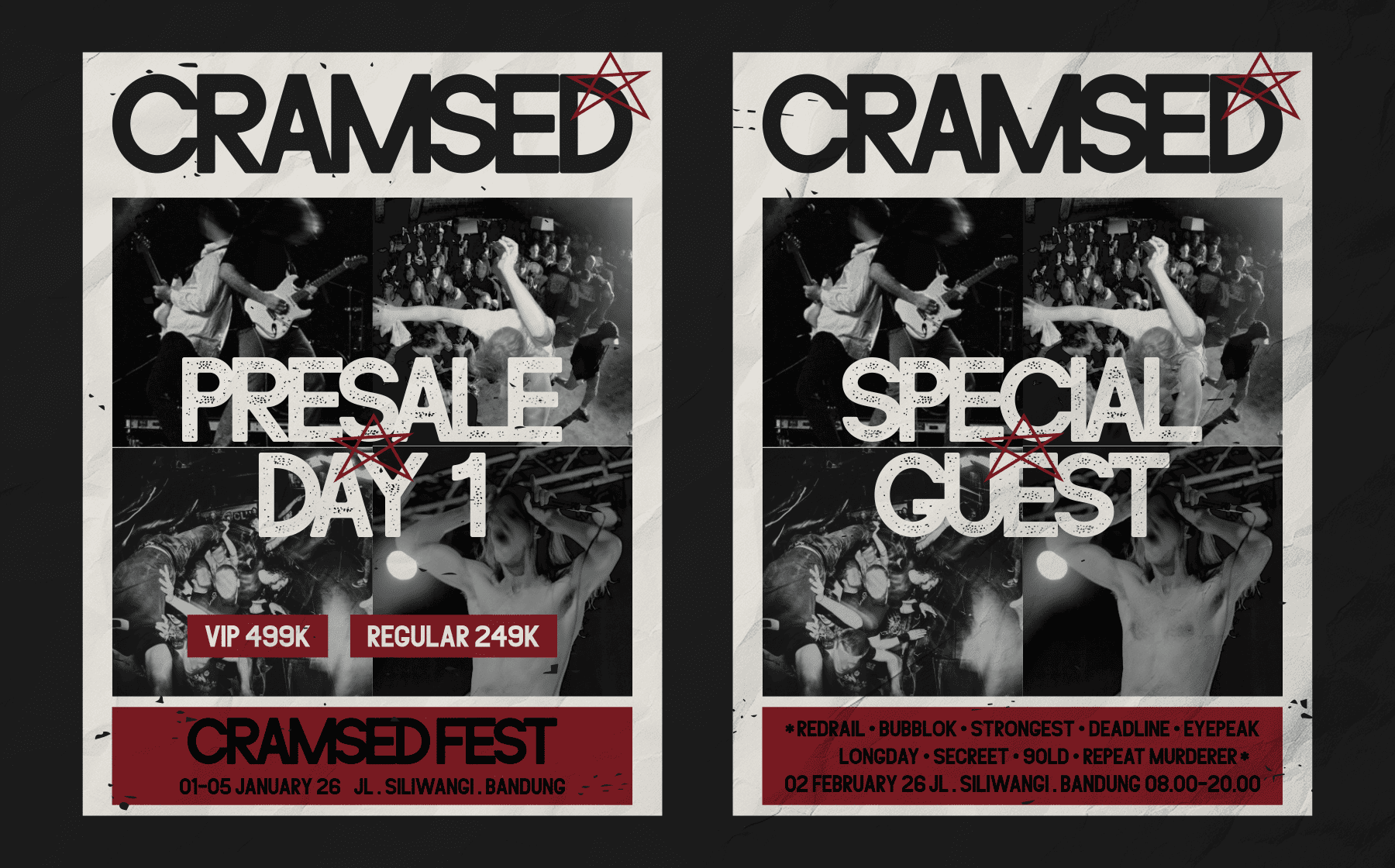 Two grungy band poster mockups with distressed typography, live concert photos, red accents, plus pricing details