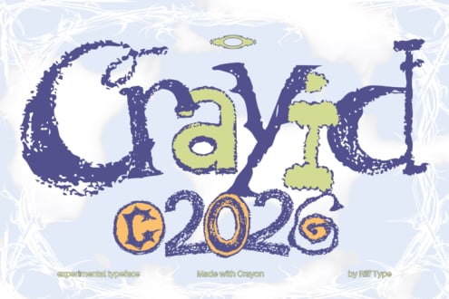 Grunge typeface with distressed edges in navy, lime green, plus orange accents