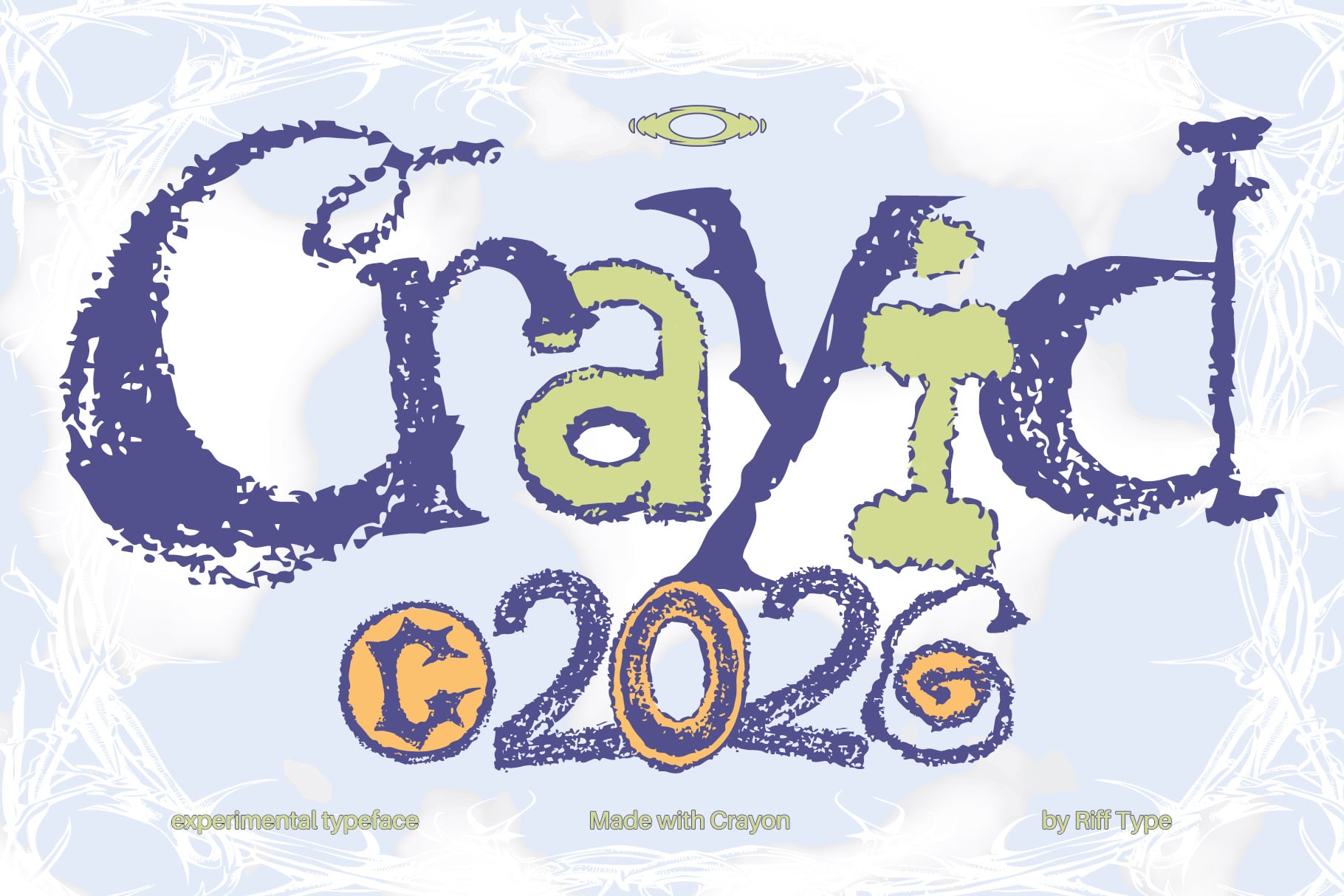Grunge typeface with distressed edges in navy, lime green, plus orange accents