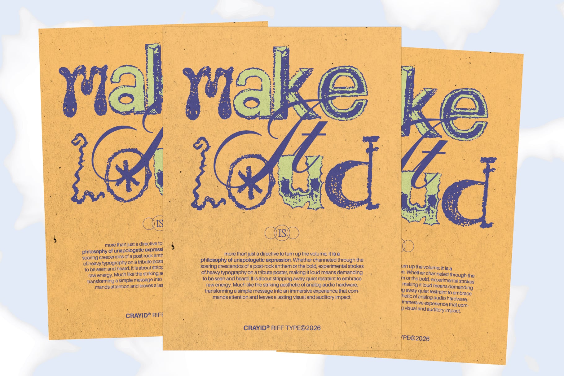 Crayid Riff Type poster mockup with distressed blue lettering on yellow kraft paper