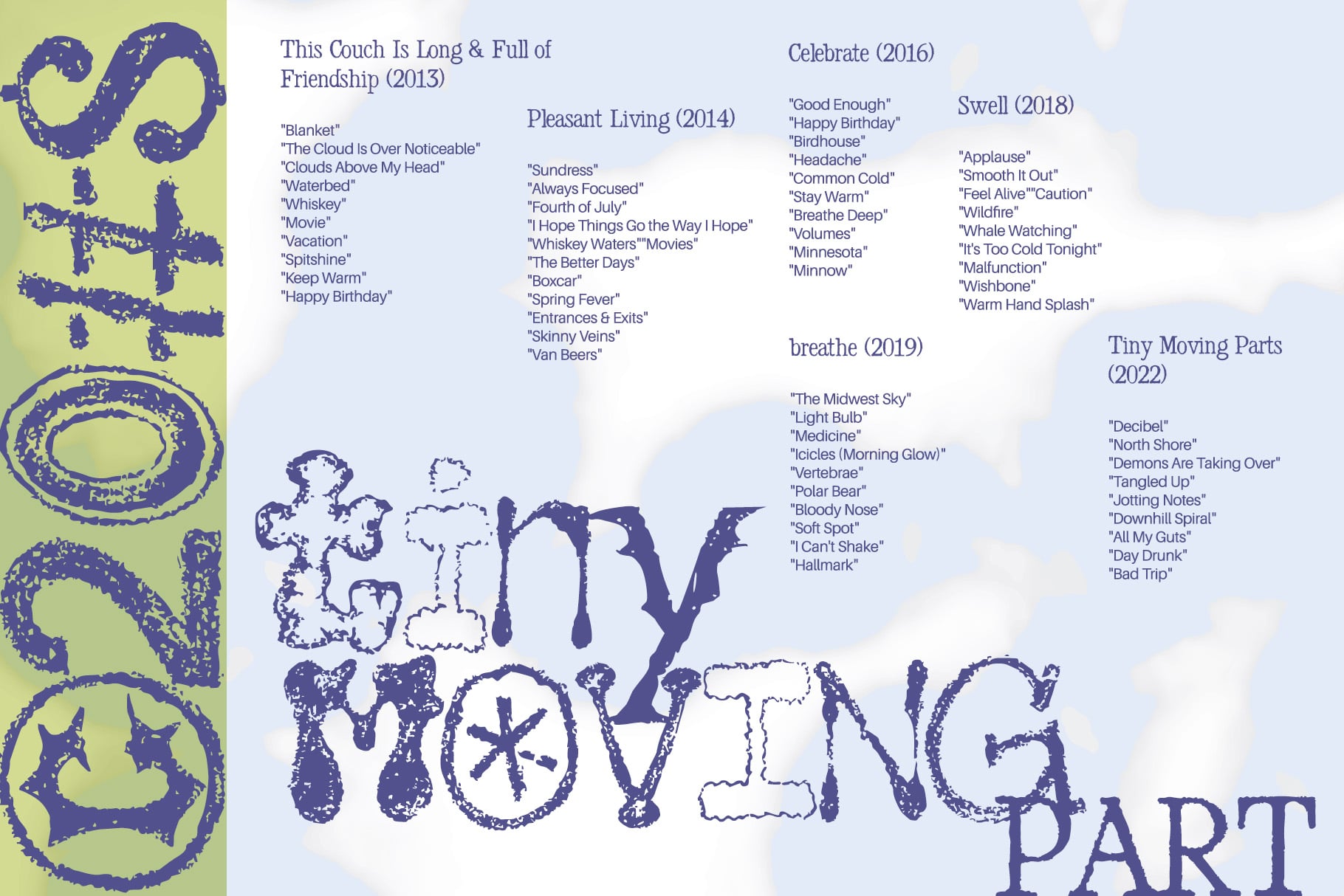 Distressed font sample sheet with grungy serif typeface displayed across organized year-grouped sections on lime green plus pale blue background