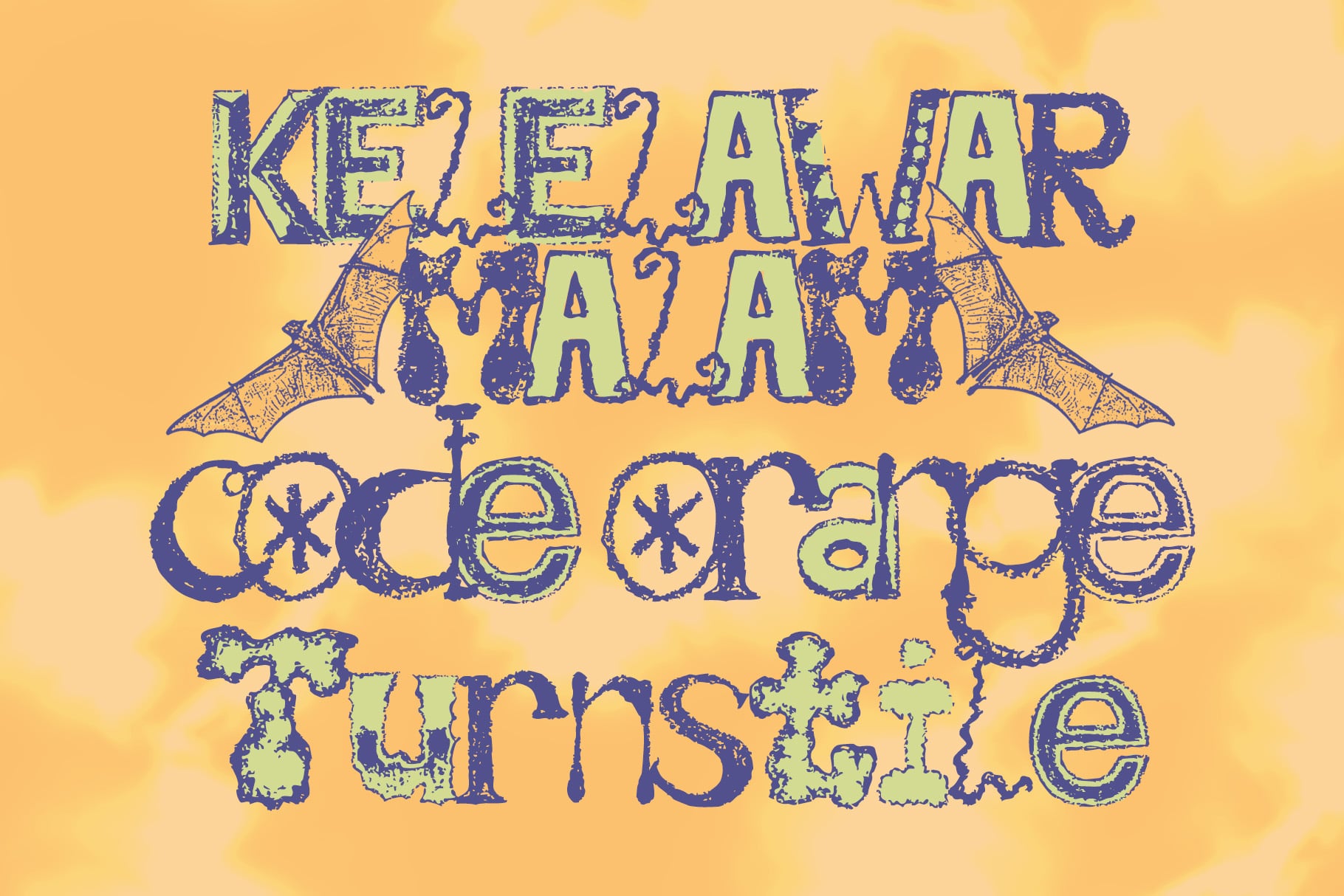 Keep a-day cocoa turnstile grunge text effect with bats on warm yellow backdrop