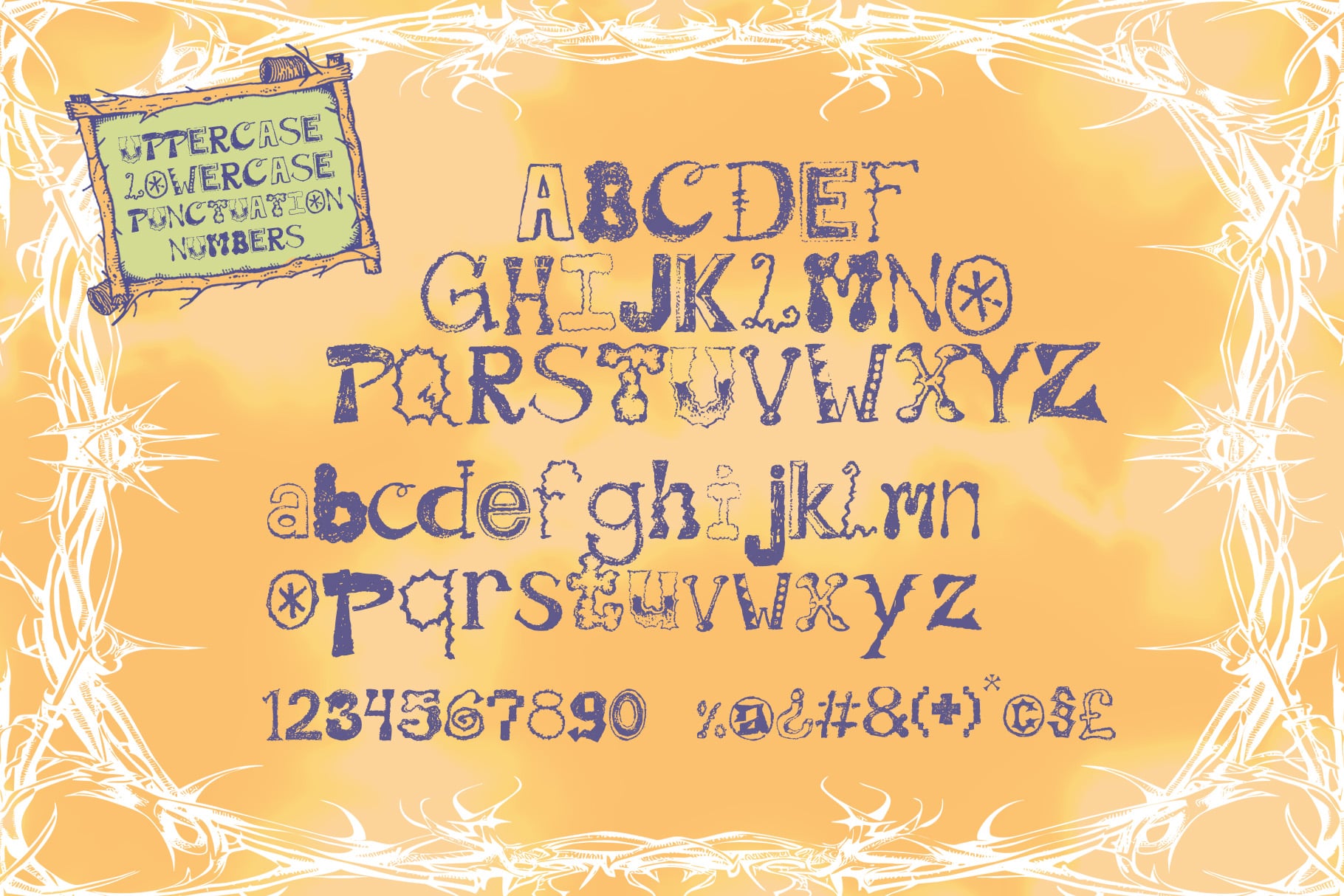 Grungy serif font with uppercase, lowercase, numbers, punctuation on warm yellow background with sketchy border frame