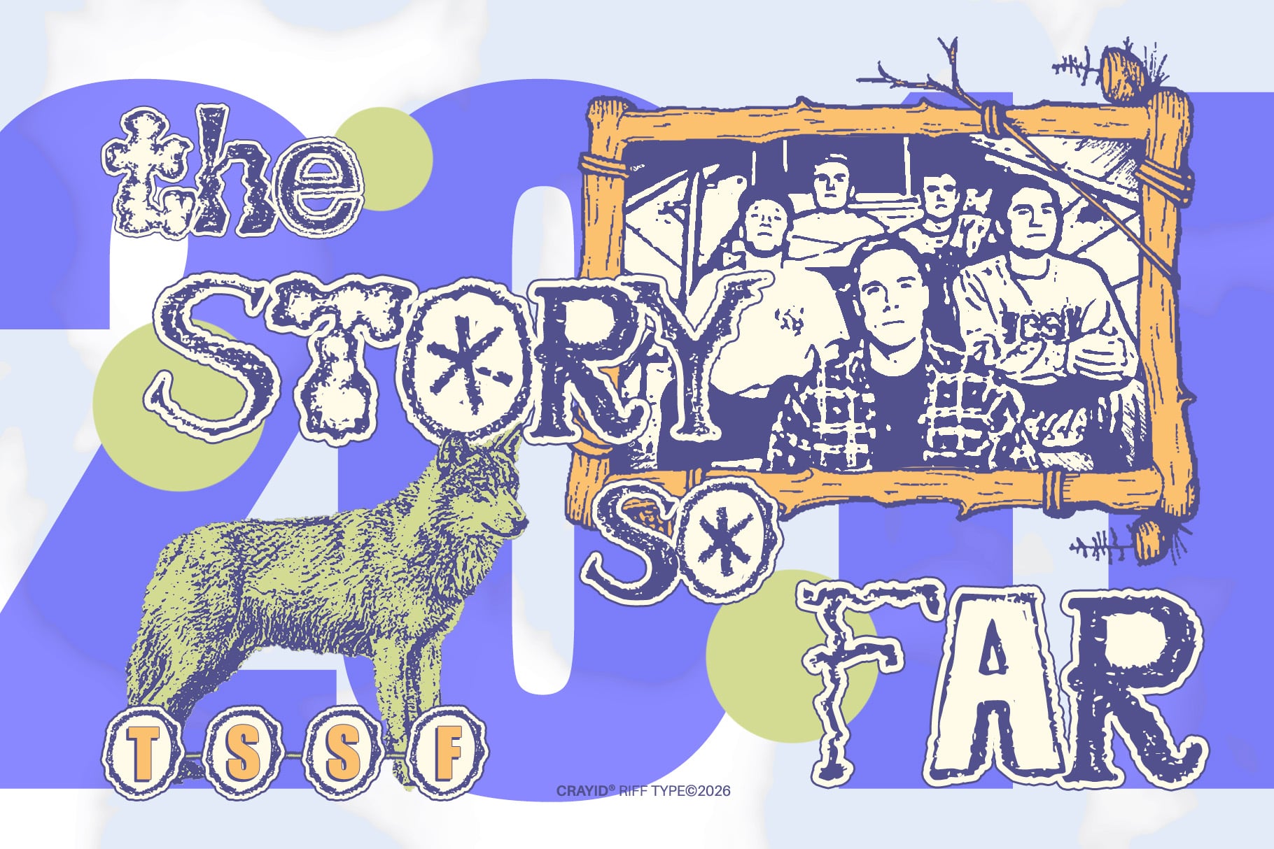 Retro grunge poster with distressed typography, vintage photo frame, howling wolf, purple blue palette with lime accents