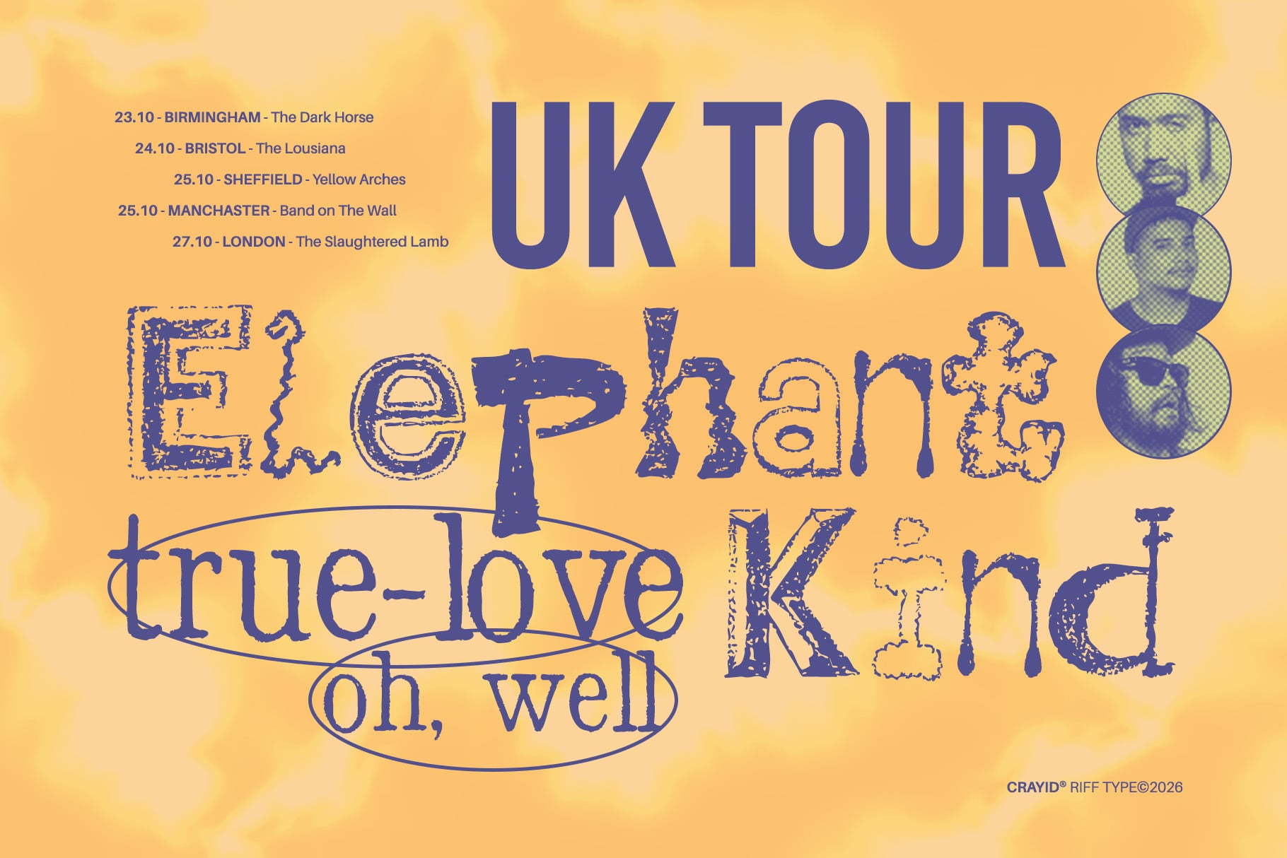 Retro UK tour poster with distressed navy type on warm yellow, band dates listed left side