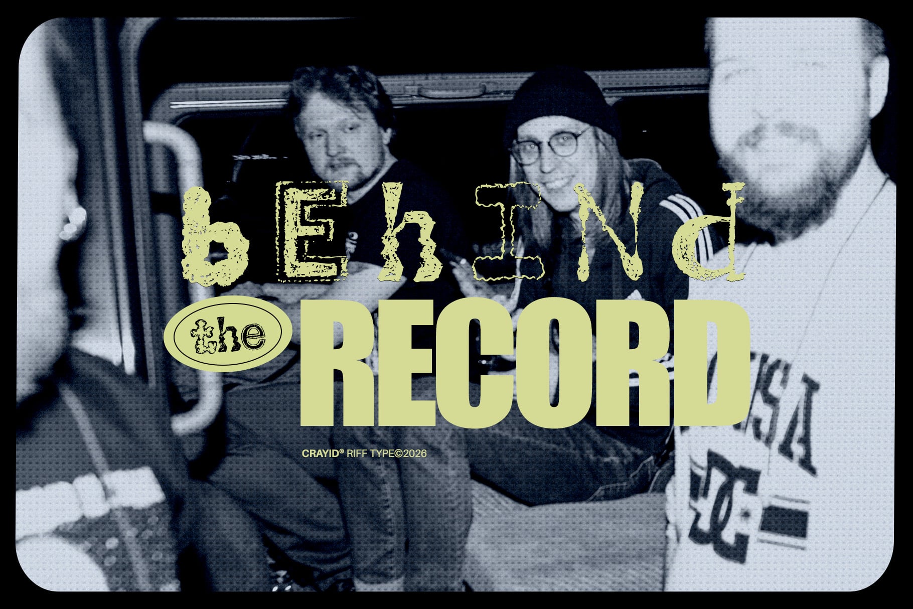 Vintage black-and-white photo with yellow distressed text overlay reading "Behind the Record"
