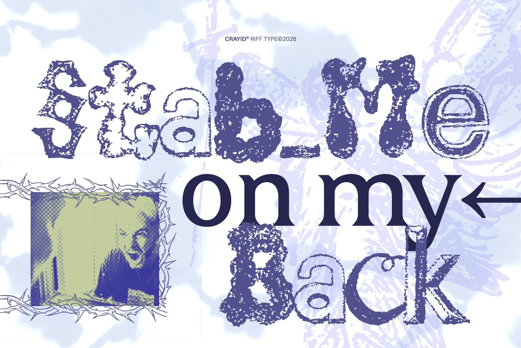 Distressed grunge font with organic texture, navy letters on dreamy blue background