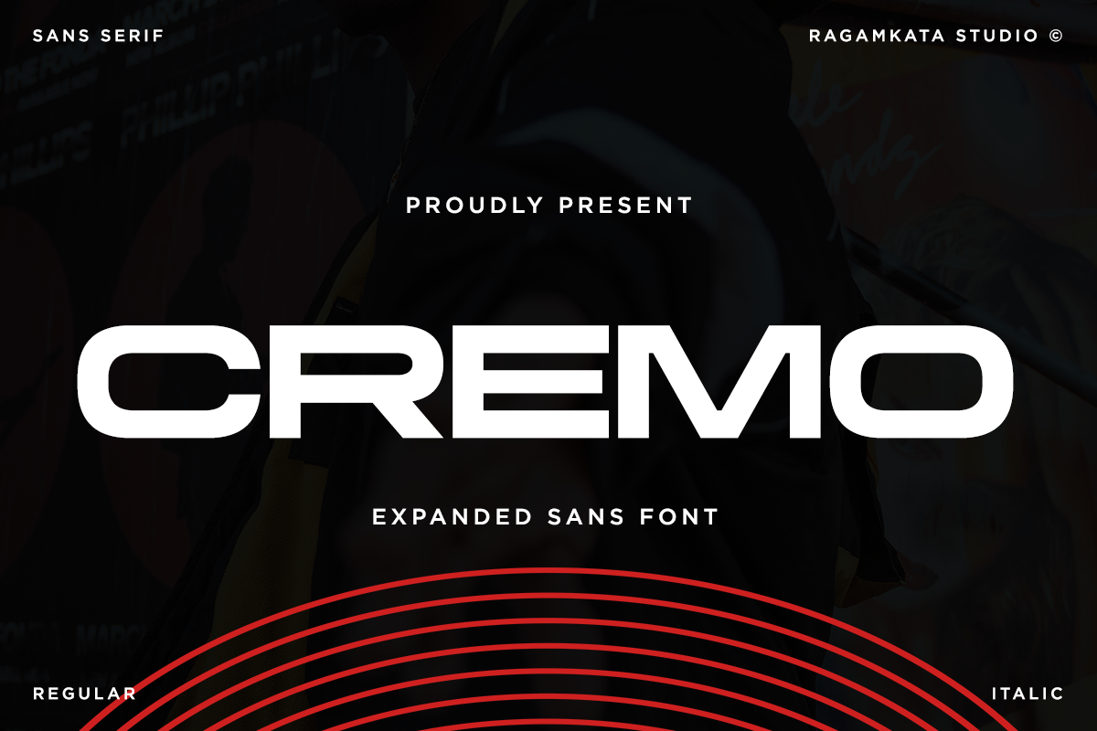 Cremo expanded sans font displayed in bold white letters with red curved lines below on dark background