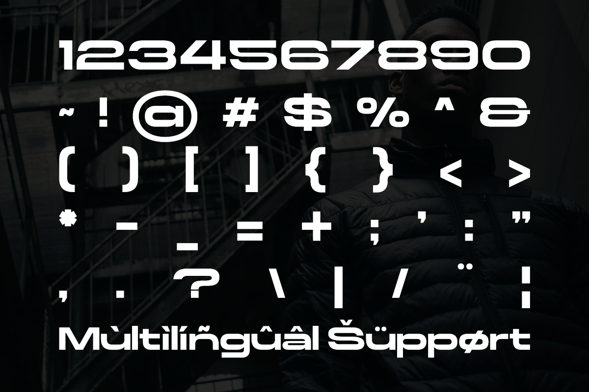 Bold geometric font display with numbers, symbols, multilingual characters on dark industrial background