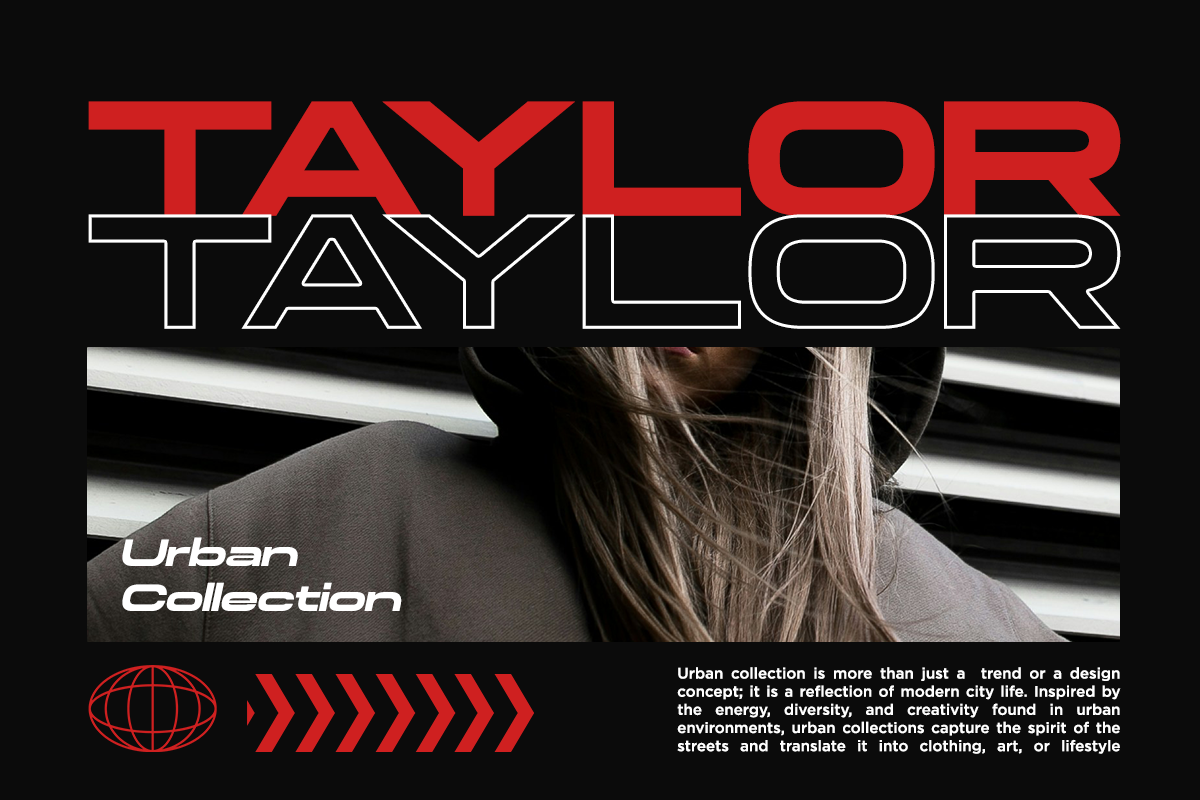 Bold red typography layout with outlined letters, neon bars, person's shoulder, urban collection branding on black background
