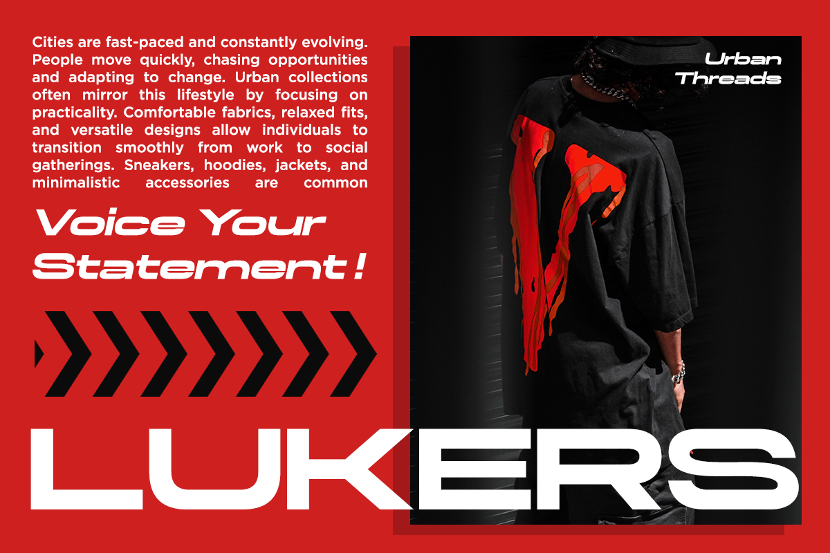 Red streetwear poster with bold typography, model in black hoodie wearing red sneakers