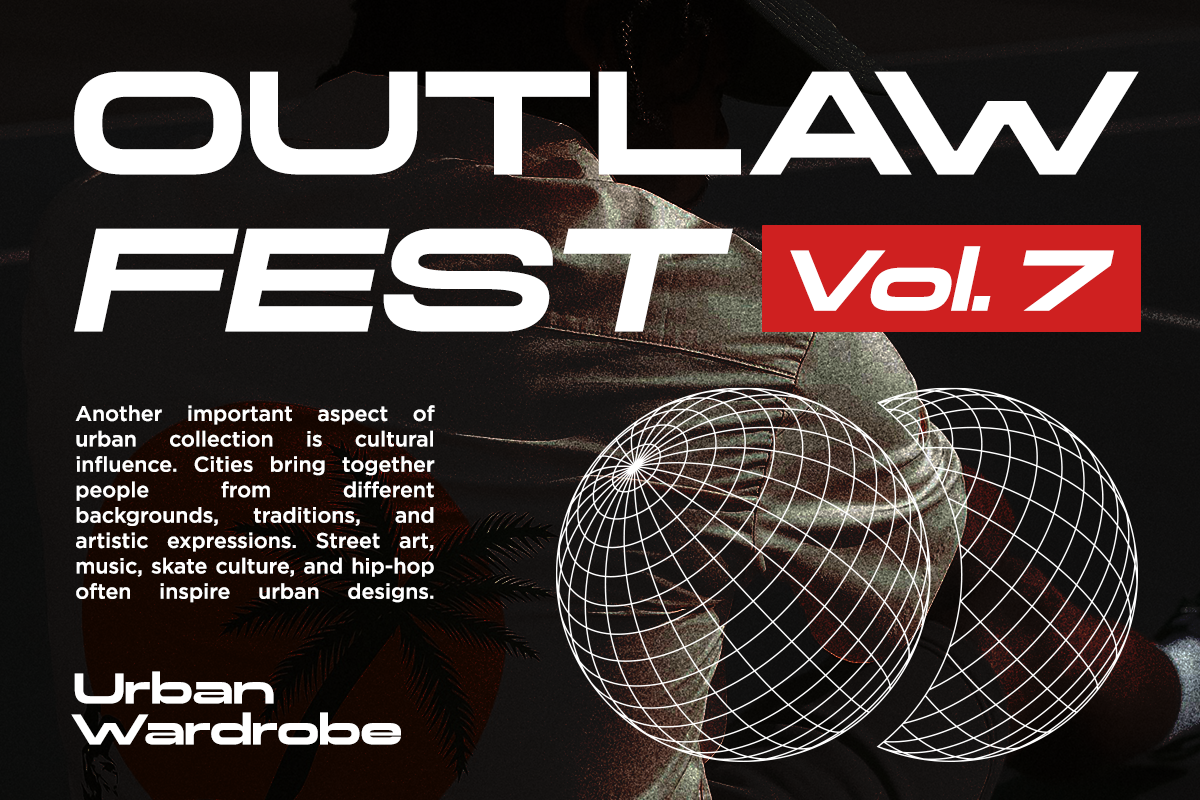 Bold poster design with white geometric wireframe spheres, red Vol. 7 badge, gritty urban imagery, minimalist typography layout