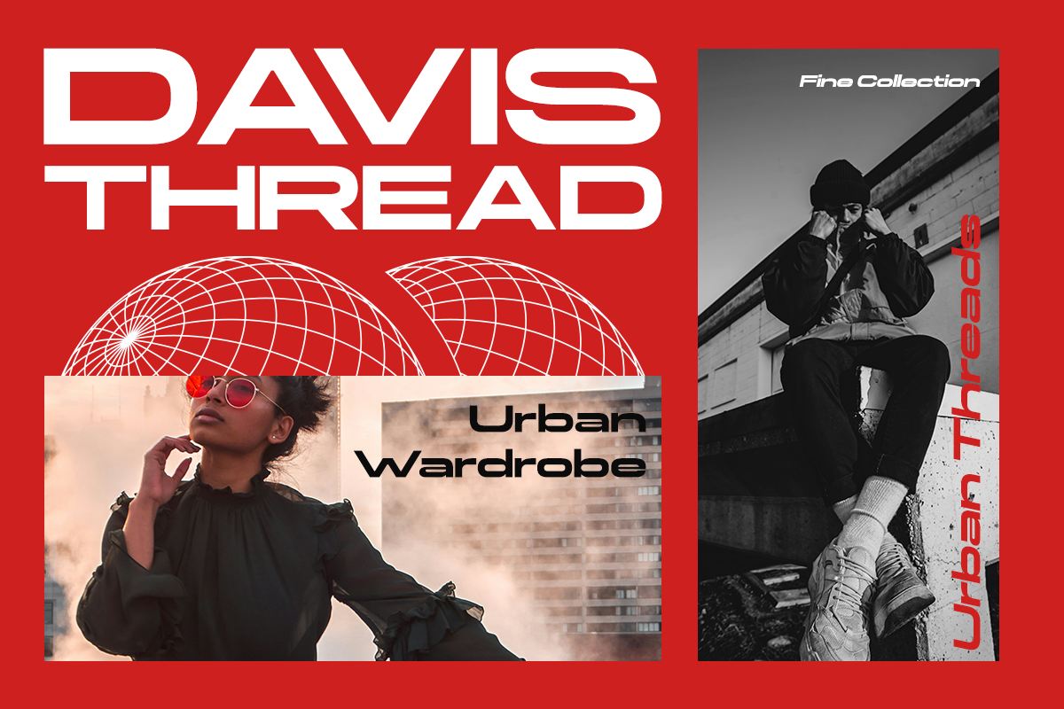 Davis Thread fashion lookbook mockup with red background, geometric wireframe globes, urban streetwear photography
