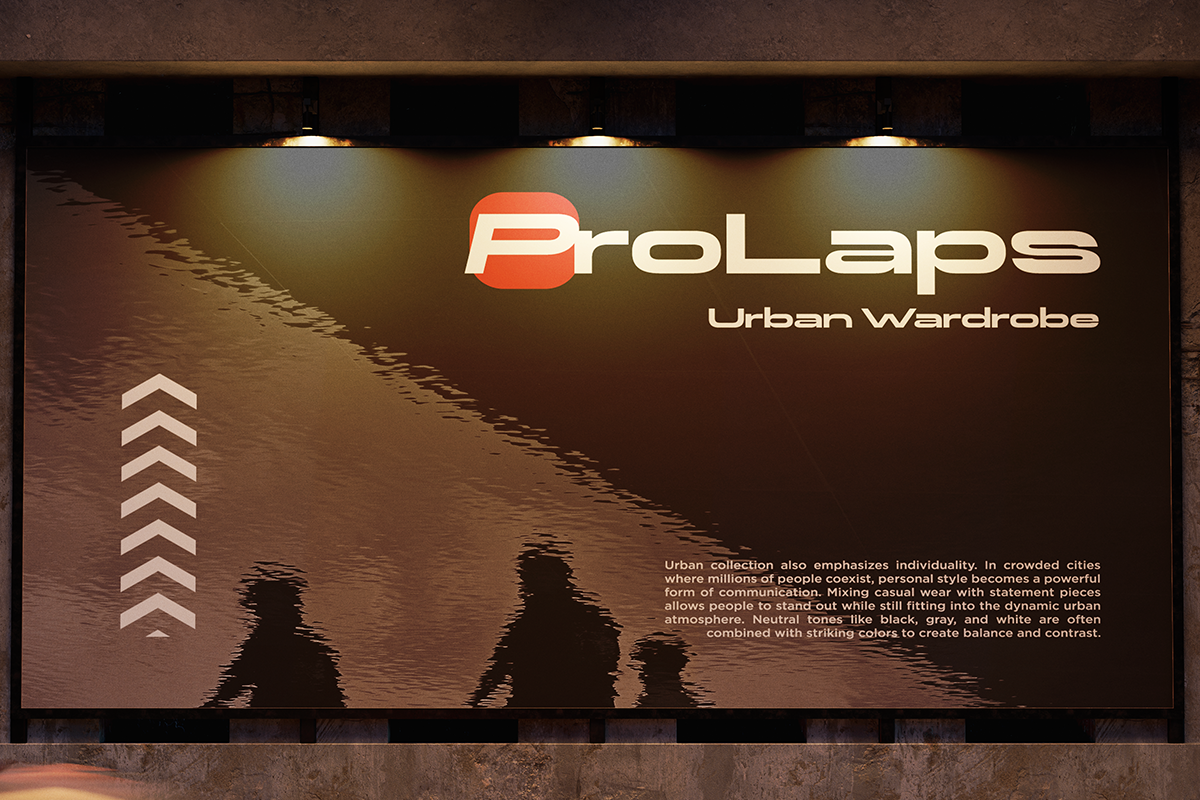 ProLaps Urban Wardrobe billboard mockup with warm tones, silhouettes, chevron graphics