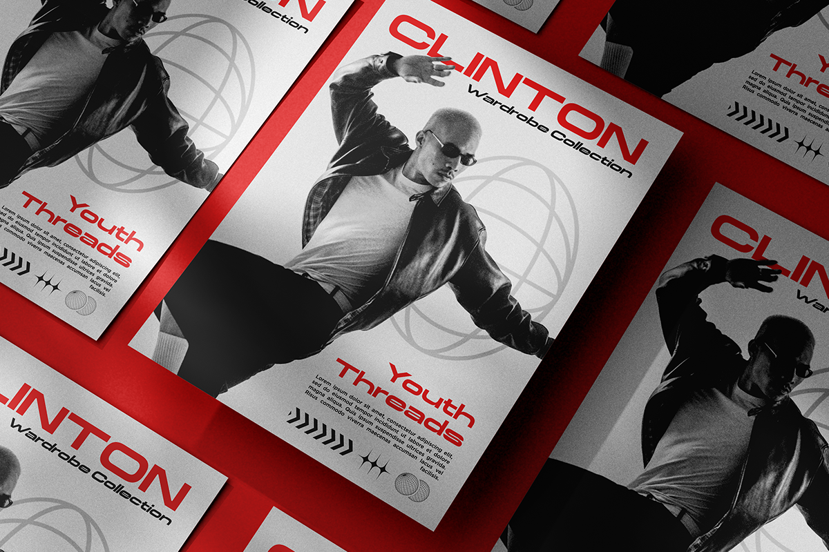 Modern posters laid out on red background showing black white photos with bold red typography