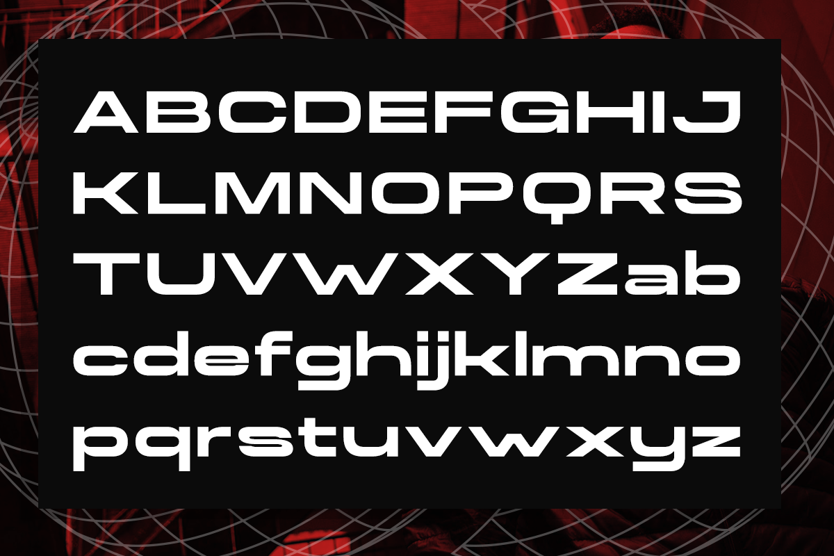 Modern geometric sans serif font with futuristic edge, full alphabet display on red neon background