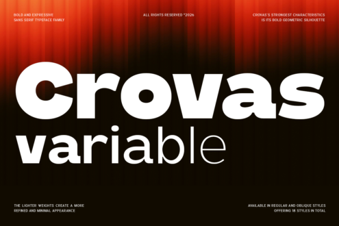 Crovas Variable bold geometric sans serif typeface displayed in white on red to black gradient background