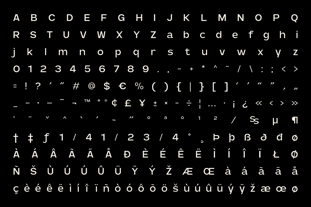 Clean sans serif font with full character set including uppercase, lowercase, numbers, symbols, plus international accents on black background