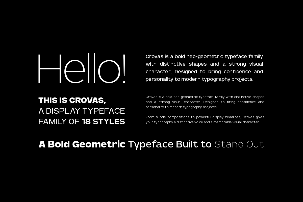 Crovas typeface family showcasing bold neo-geometric letterforms with 18 styles on black background