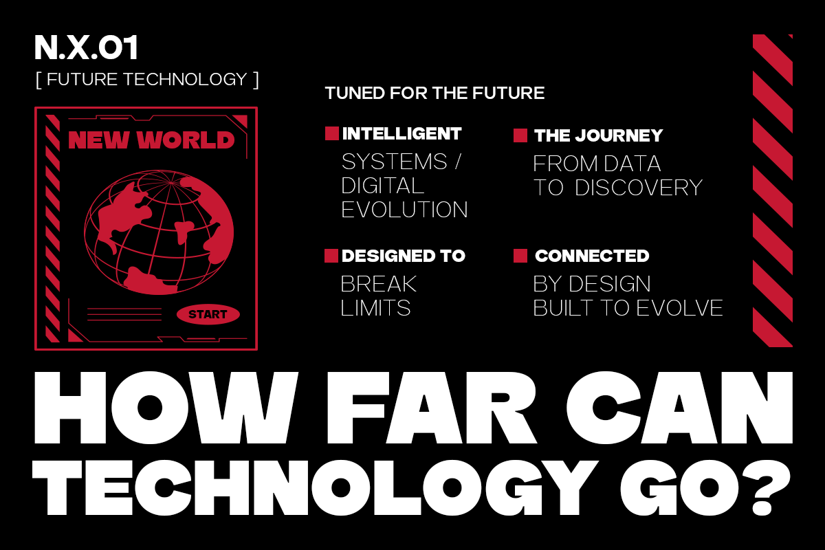 Futuristic tech poster with red globe, bold typography, dark background on black