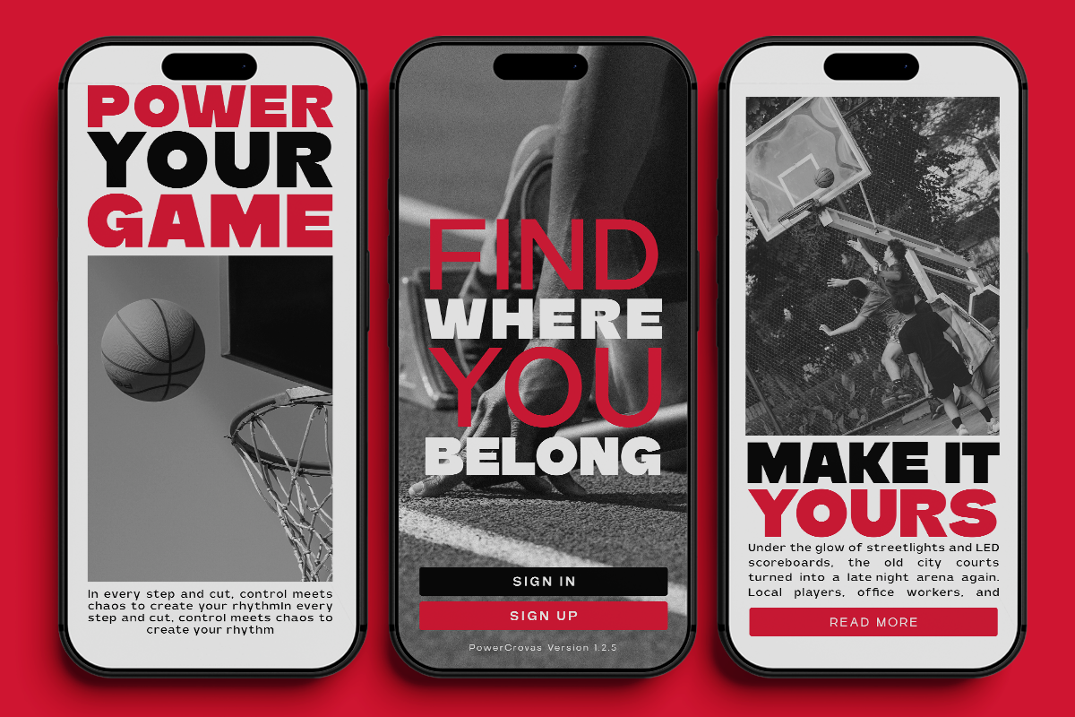 Three iPhone mockups displaying sports app screens with bold red, white, black typography on bright red background