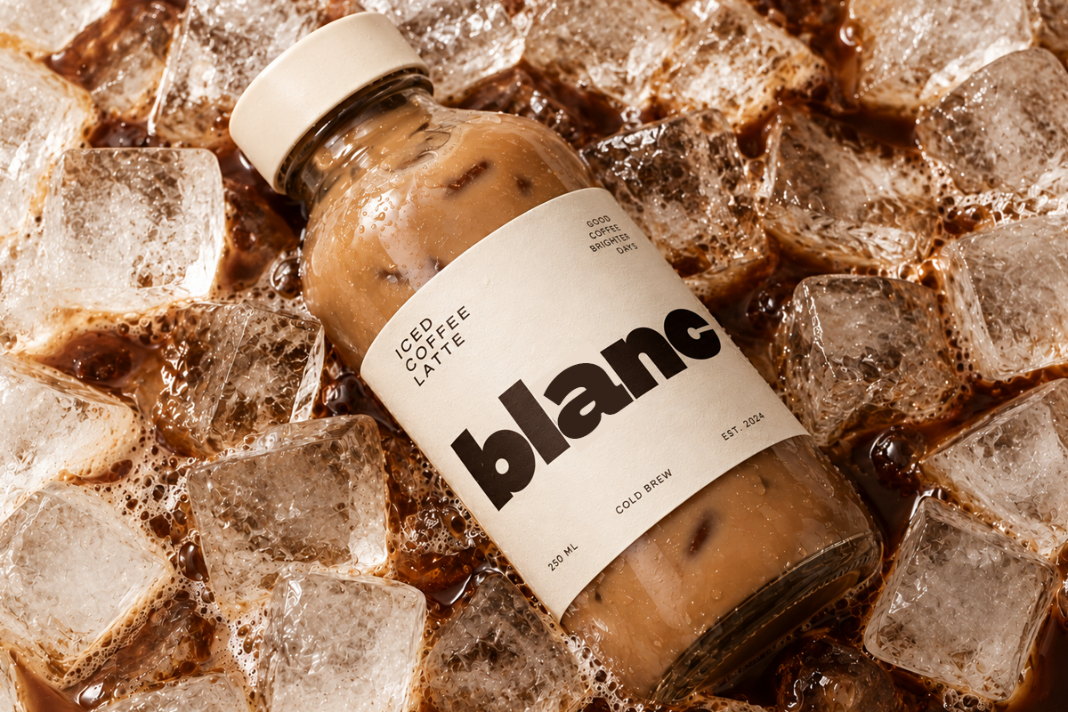 Minimalist beverage bottle mockup with iced coffee drink surrounded by ice cubes
