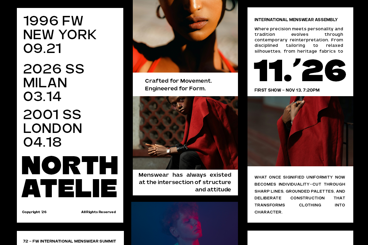 Fashion lookbook spread with menswear collection details, show dates, models in red coats