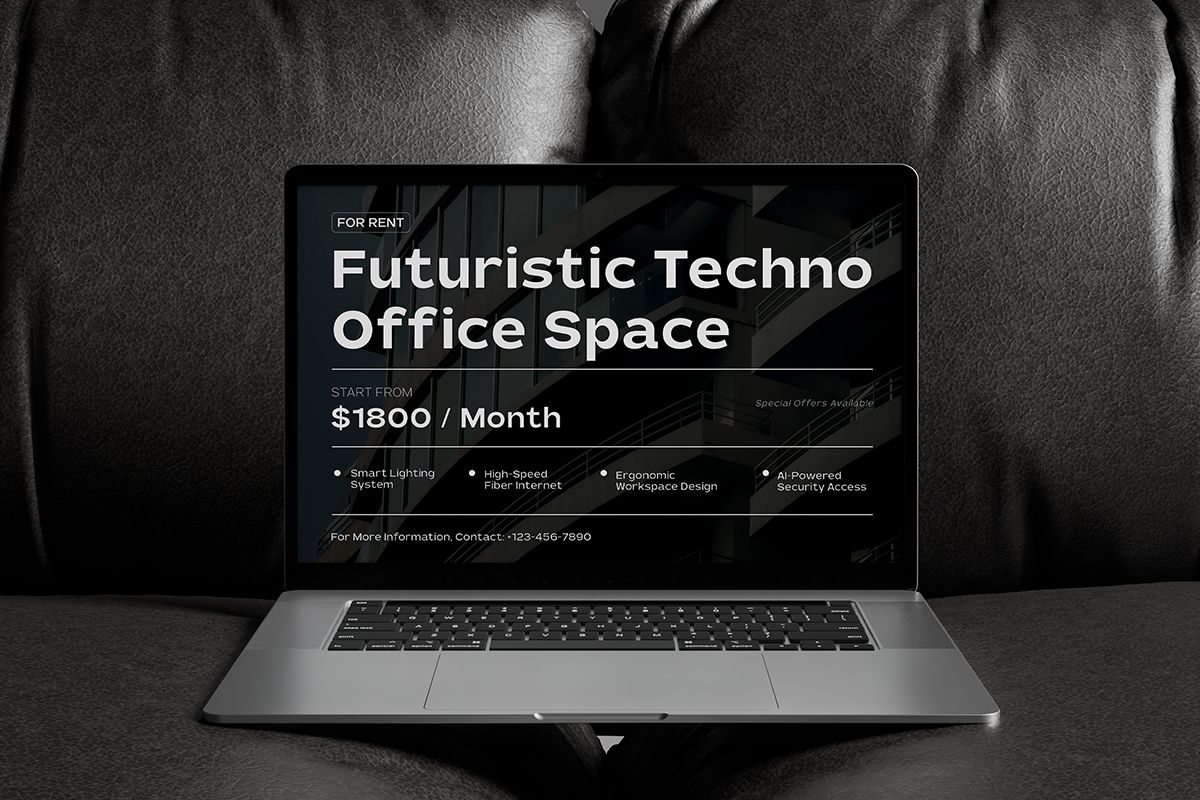 Laptop mockup showing futuristic tech office rental landing page with dark minimalist design on gray fabric background