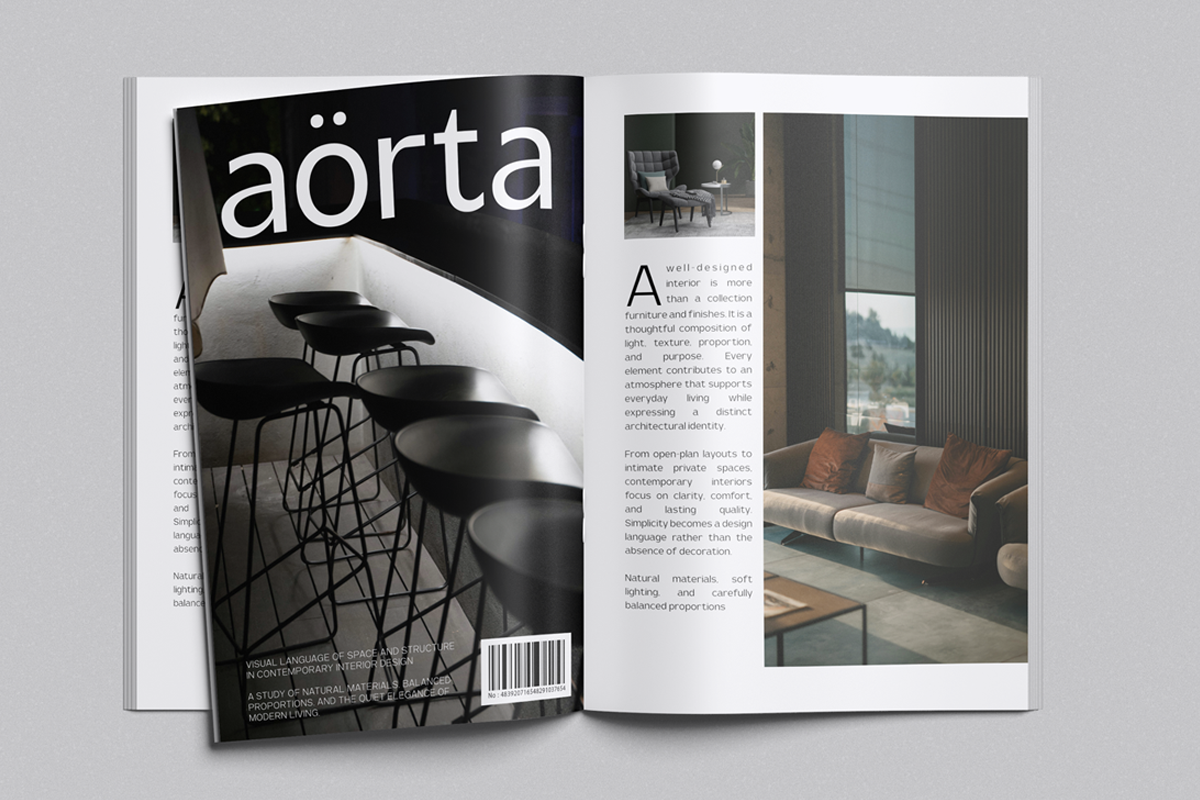 Open magazine mockup showing interior design spreads with minimal furniture, text layouts