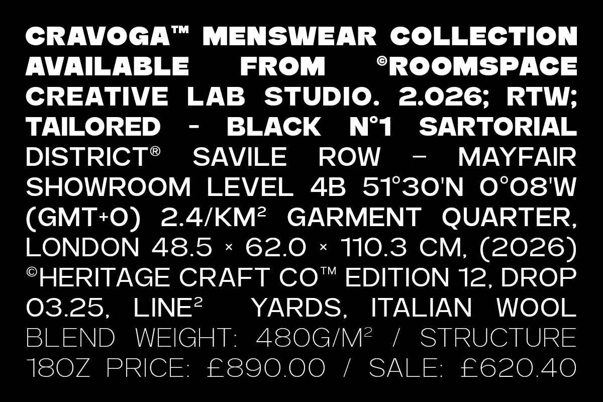 Cravoga menswear collection lookbook spread with detailed product specs on black