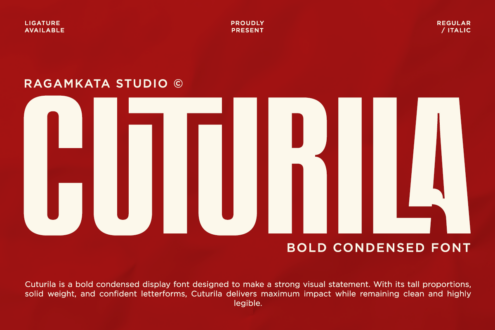 Bold condensed display font in cream on deep red background
