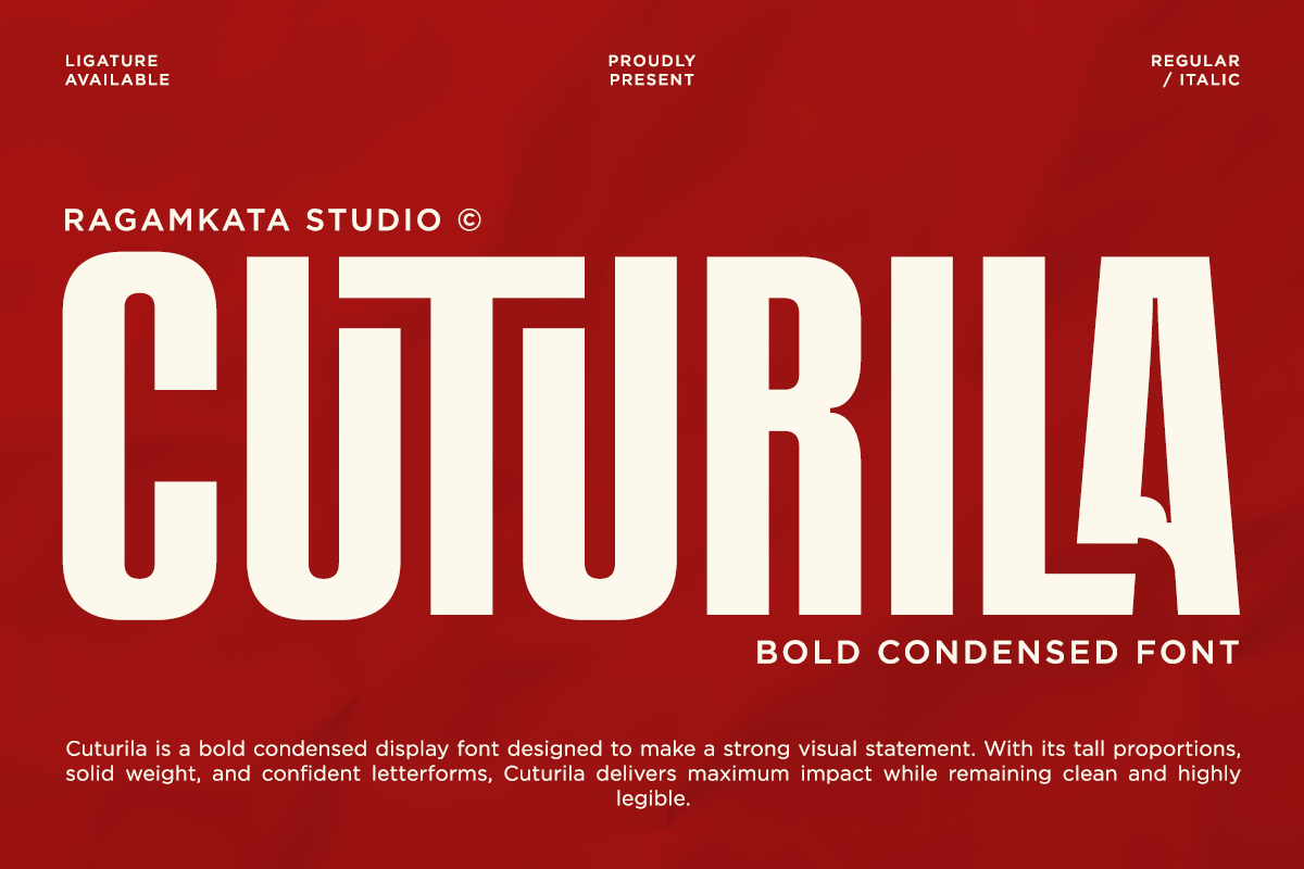 Bold condensed display font in cream on deep red background