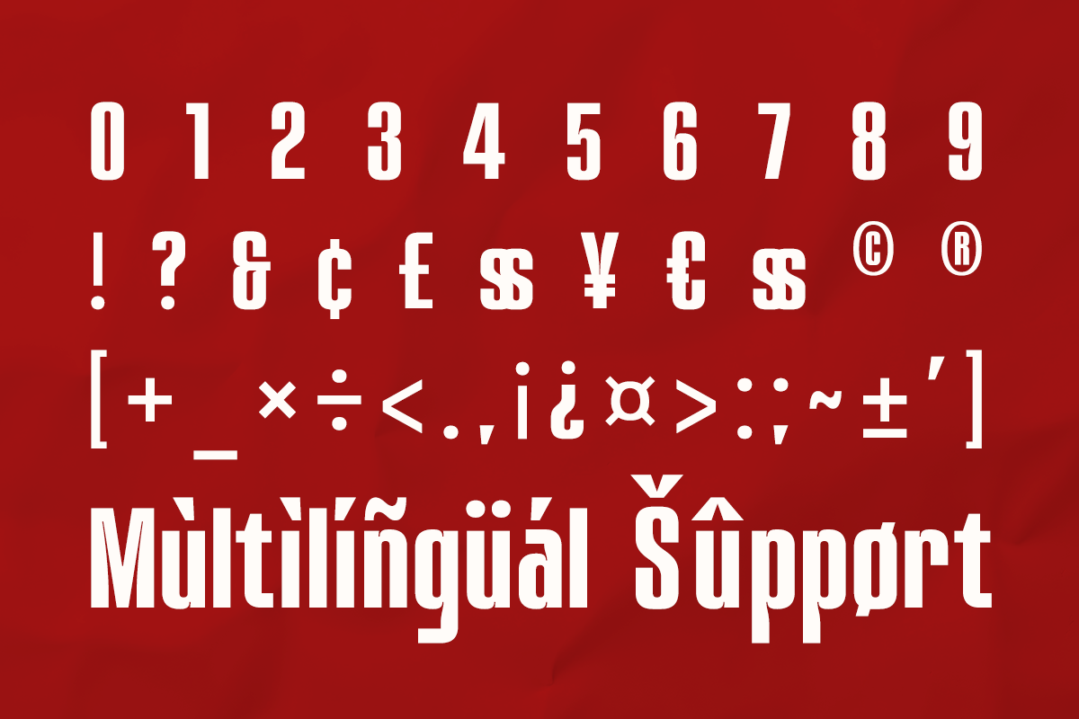 Bold sans serif font displaying numbers, punctuation, symbols, plus multilingual character support on red background