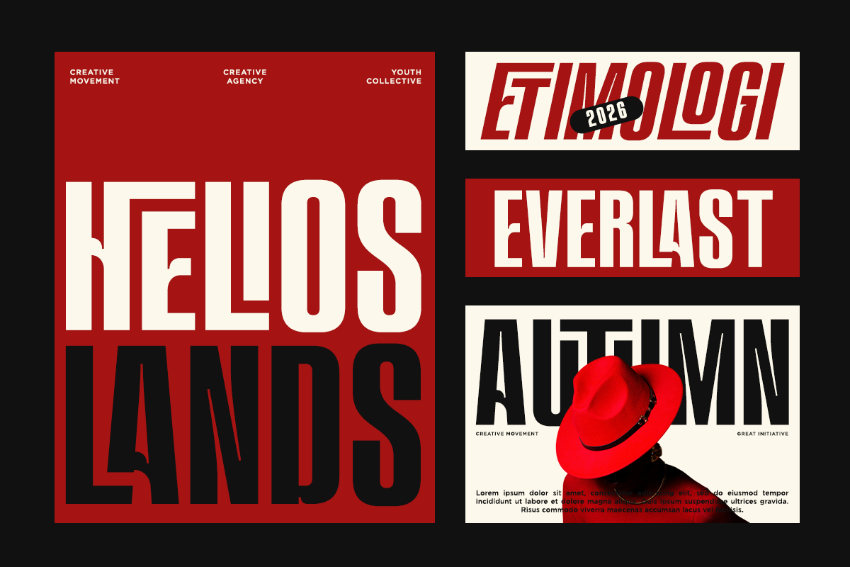 Bold red poster collection with geometric typography, modern branding layouts for creative agencies
