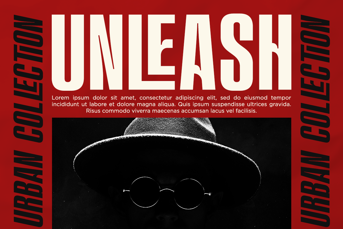 Bold red poster with cream text saying "Unleash" over silhouetted face in hat with round glasses