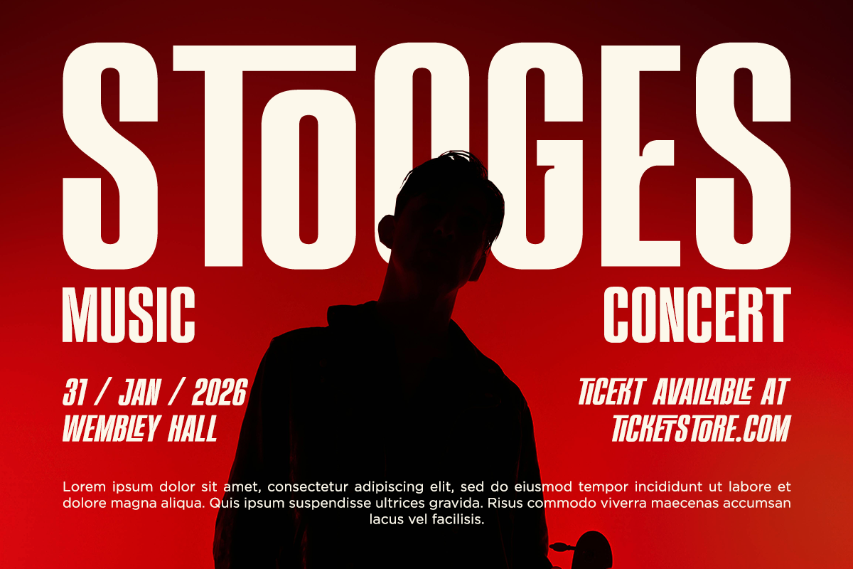 Bold red concert poster with silhouetted figure, cream typography for Stoics Music Concert event details